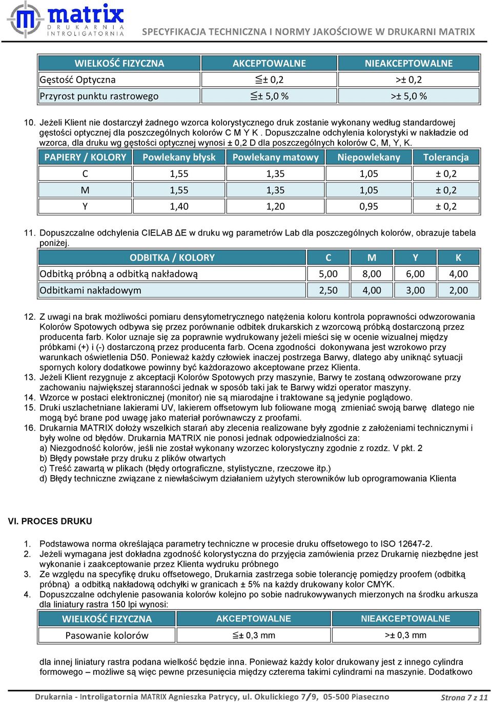 Dopuszczalne odchylenia kolorystyki w nakładzie od wzorca, dla druku wg gęstości optycznej wynosi ± 0,2 D dla poszczególnych kolorów C, M, Y, K.