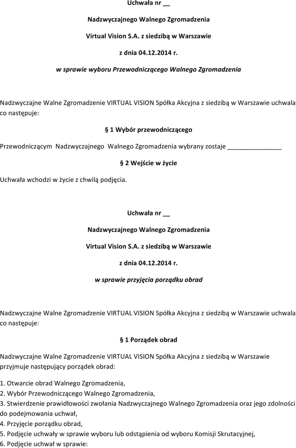 Otwarcie obrad Walnego Zgromadzenia, 2. Wybór Przewodniczącego Walnego Zgromadzenia, 3.