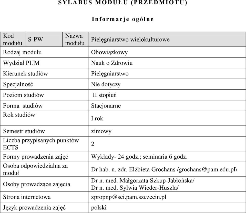 punktów CTS Formy prowadzenia zajęć Osoba odpowiedzialna za moduł Osoby prowadzące zajęcia Strona internetowa Język prowadzenia zajęć zimowy 2 Wykłady- 24 godz.