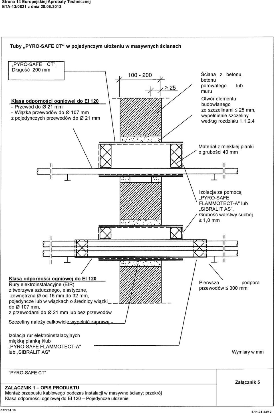 1.2.4 Materiał z miękkiej pianki o grubości 40 mm Izolacja za pomocą PYRO-SAFE FLAMMOTECT-A" lub SIBRALIT AS, Grubość warstwy suchej 1,0 mm Klasa odporności ogniowej do El 120 Rury