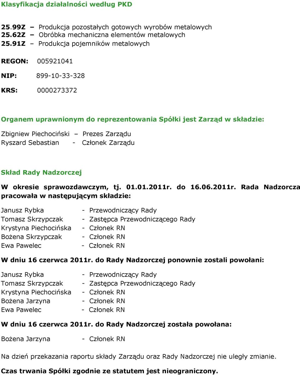 Ryszard Sebastian - Członek Zarządu Skład Rady Nadzorczej W okresie sprawozdawczym, tj. 01.01.2011r.