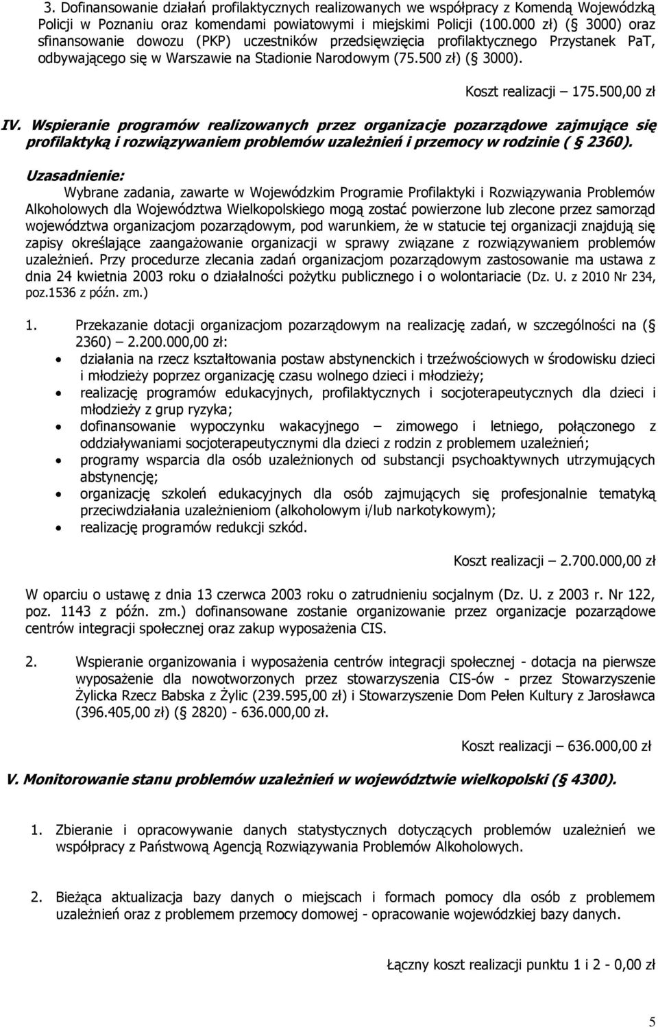 Koszt realizacji 175.500,00 zł IV. Wspieranie programów realizowanych przez organizacje pozarządowe zajmujące się profilaktyką i rozwiązywaniem problemów uzależnień i przemocy w rodzinie ( 2360).
