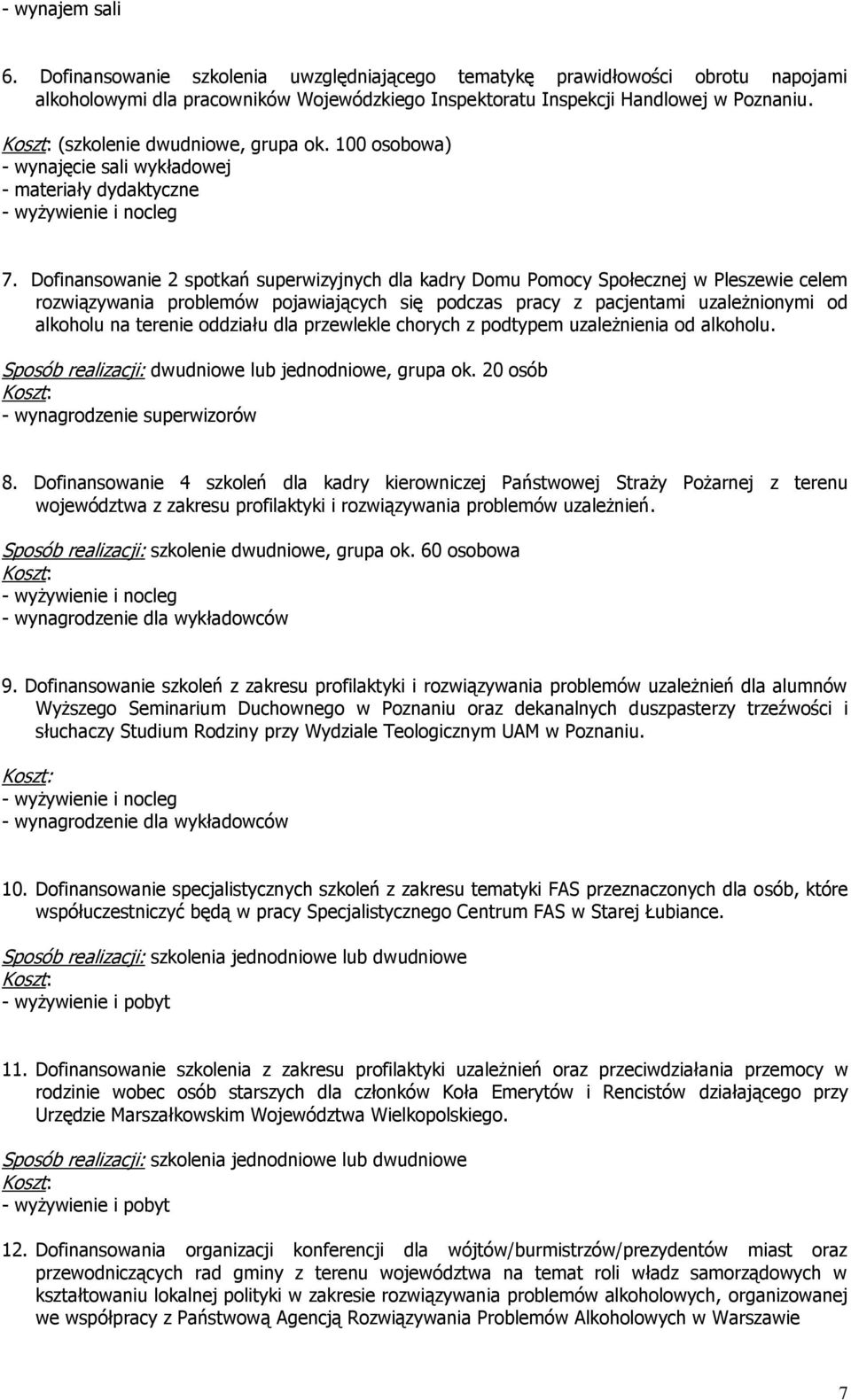 Dofinansowanie 2 spotkań superwizyjnych dla kadry Domu Pomocy Społecznej w Pleszewie celem rozwiązywania problemów pojawiających się podczas pracy z pacjentami uzależnionymi od alkoholu na terenie