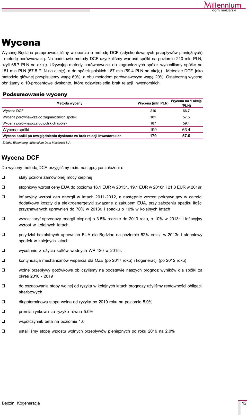 5 PLN na akcjê), a do spó³ek polskich 187 mln (59.4 PLN na akcjê). Metodzie DCF, jako metodzie g³ównej przypisujemy wagê 60%, a obu metodom porównawczym wagê 20%.