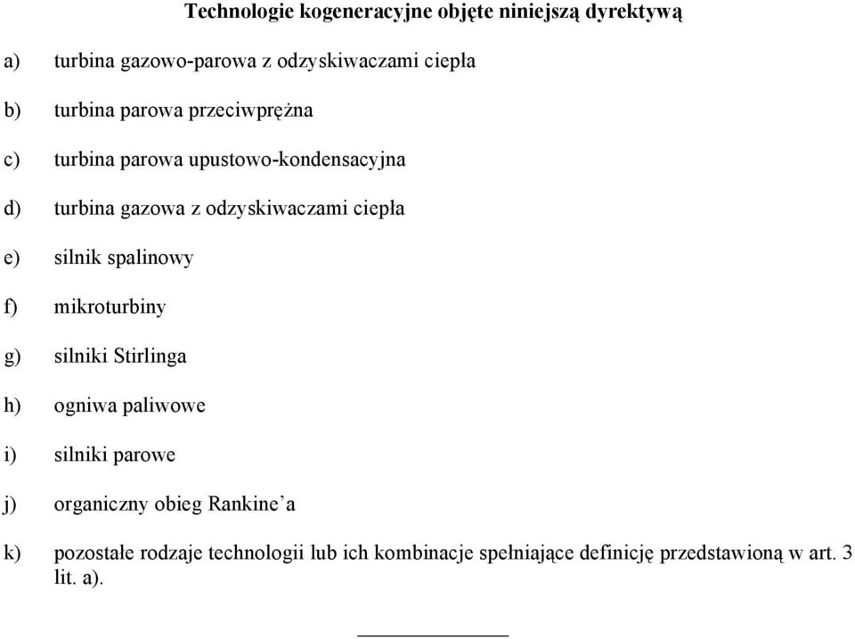 e) silnik spalinowy f) mikroturbiny g) silniki Stirlinga h) ogniwa paliwowe i) silniki parowe j) organiczny