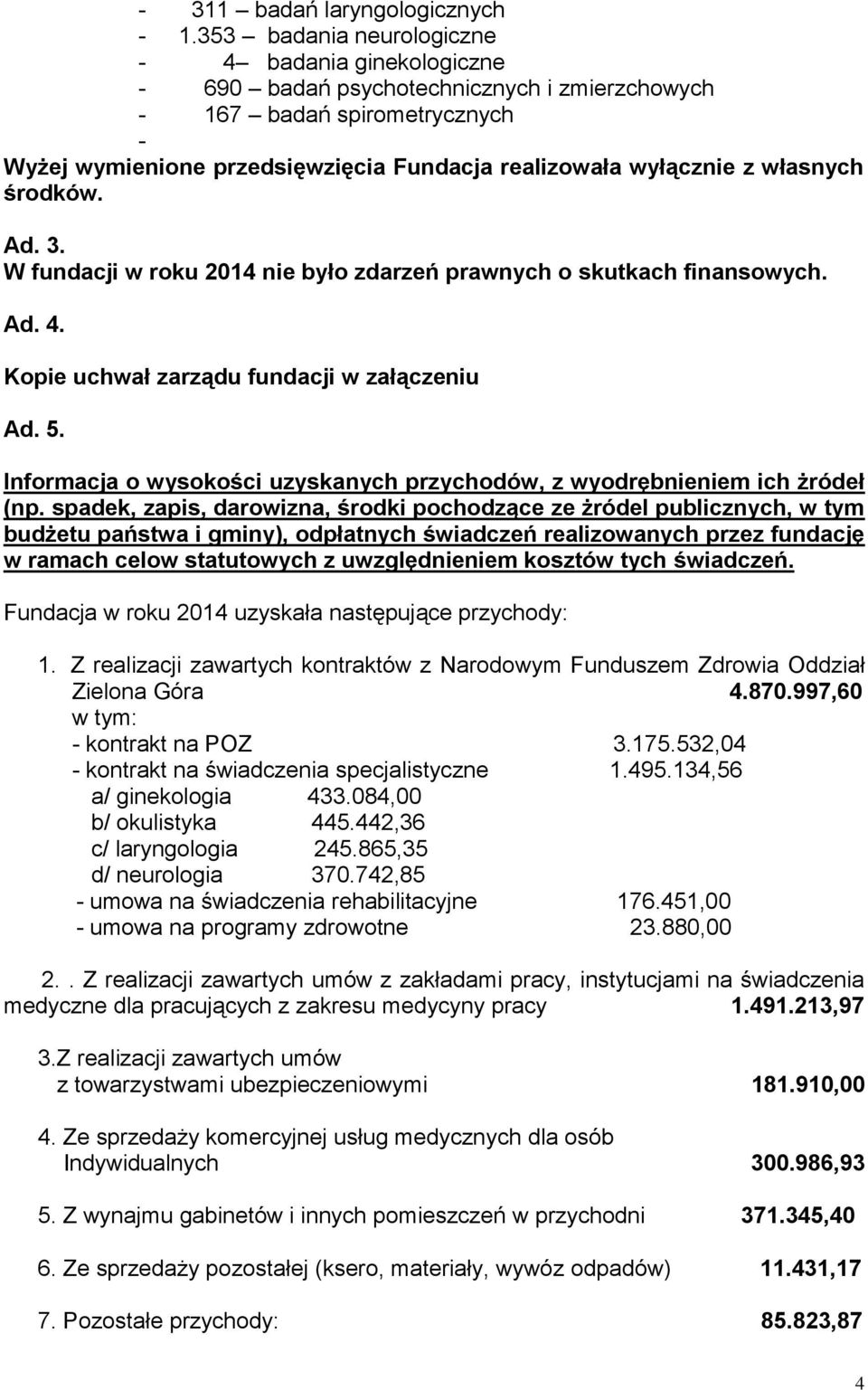 własnych środków. Ad. 3. W fundacji w roku 2014 nie było zdarzeń prawnych o skutkach finansowych. Ad. 4. Kopie uchwał zarządu fundacji w załączeniu Ad. 5.