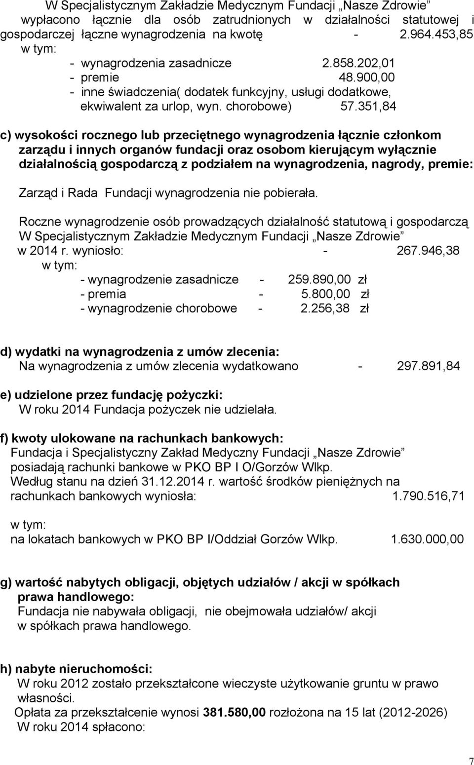 351,84 c) wysokości rocznego lub przeciętnego wynagrodzenia łącznie członkom zarządu i innych organów fundacji oraz osobom kierującym wyłącznie działalnością gospodarczą z podziałem na wynagrodzenia,
