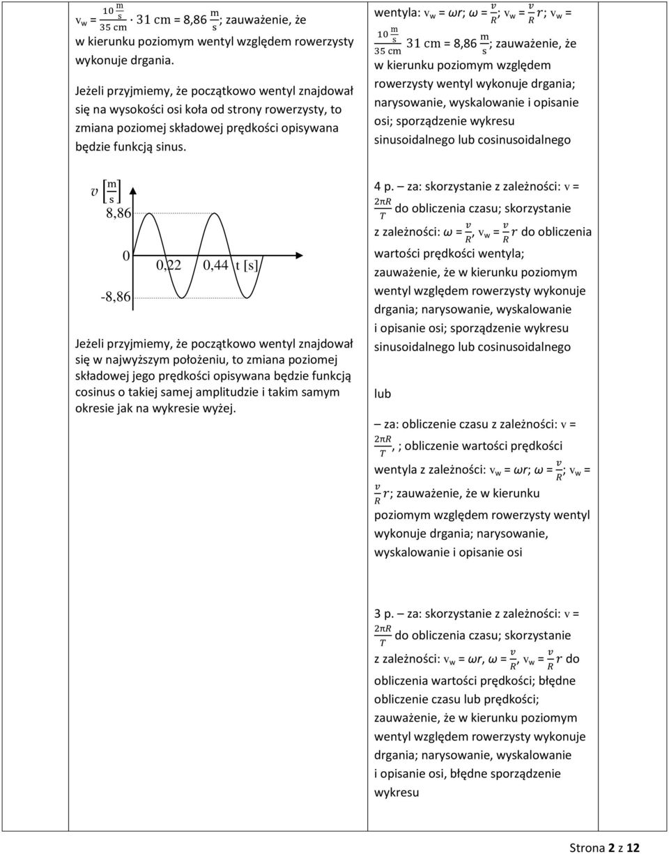 wentyla: v w = ωr; ω = ; v w = ; v w = = 8,86 ; zauważenie, że w kierunku poziomym względem rowerzysty wentyl wykonuje drgania; narysowanie, wyskalowanie i opisanie osi; sporządzenie wykresu