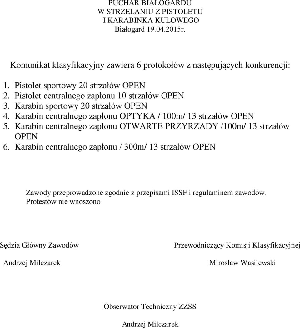 Karabin centralnego zapłonu OPTYKA / 100m/ 13 strzałów OPEN 5. Karabin centralnego zapłonu OTWARTE PRZYRZADY /100m/ 13 strzałów OPEN 6.