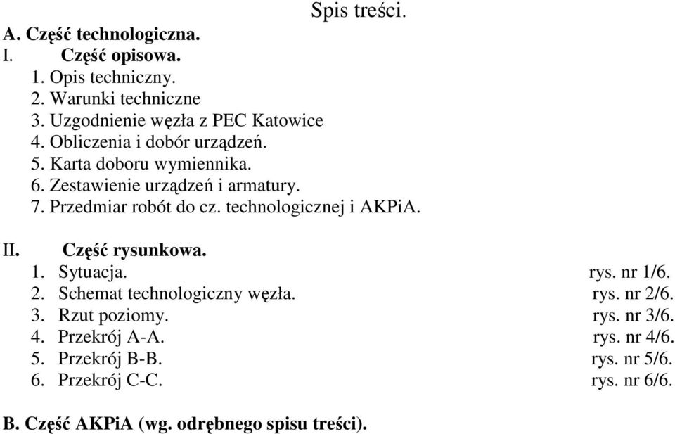 Przedmiar robót do cz. technologicznej i AKPiA. II. Część rysunkowa. 1. Sytuacja. rys. nr 1/6. 2. Schemat technologiczny węzła. rys. nr 2/6.