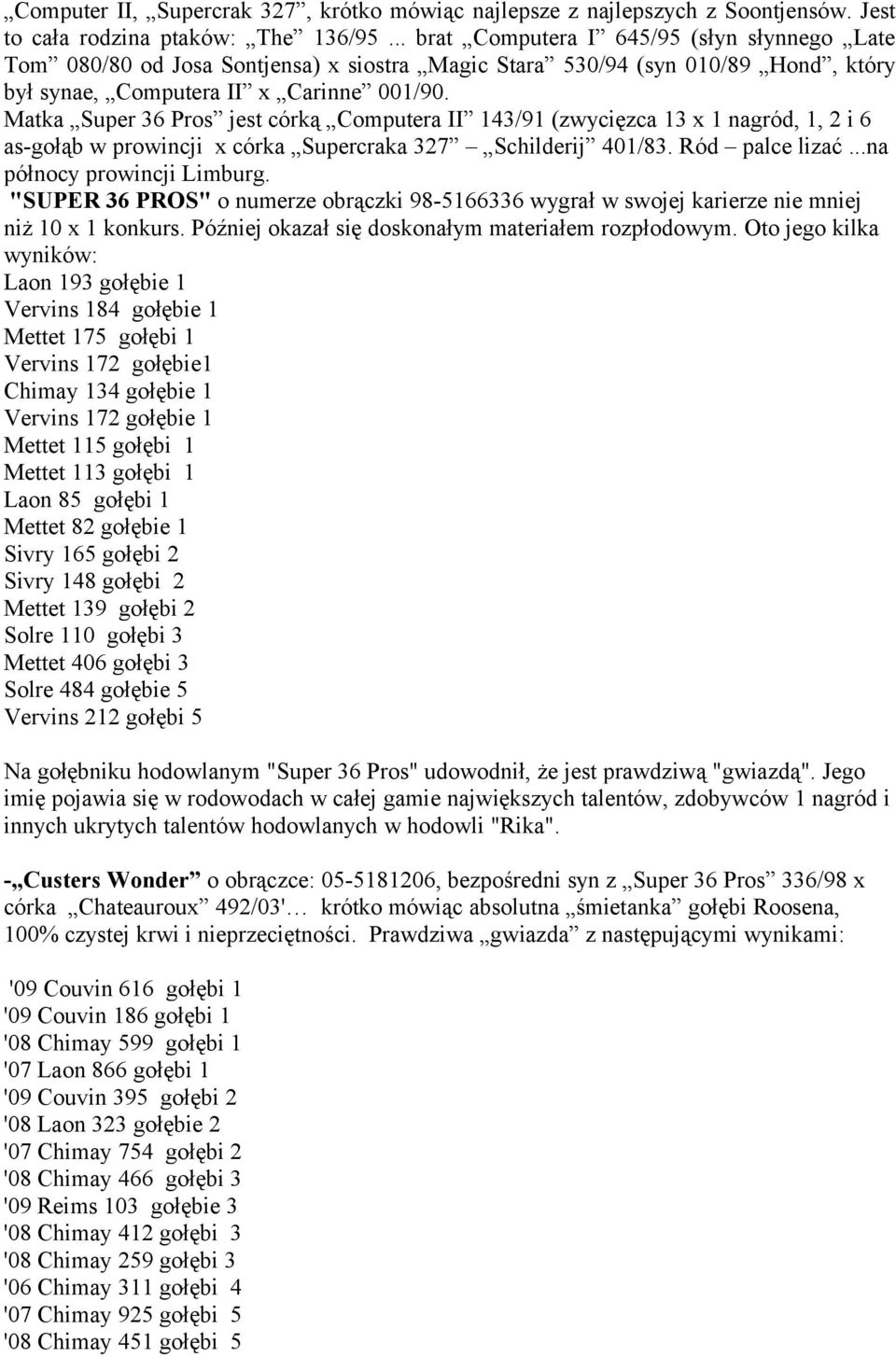 Matka Super 36 Pros jest córką Computera II 143/91 (zwycięzca 13 x 1 nagród, 1, 2 i 6 as-gołąb w prowincji x córka Supercraka 327 Schilderij 401/83. Ród palce lizać...na północy prowincji Limburg.