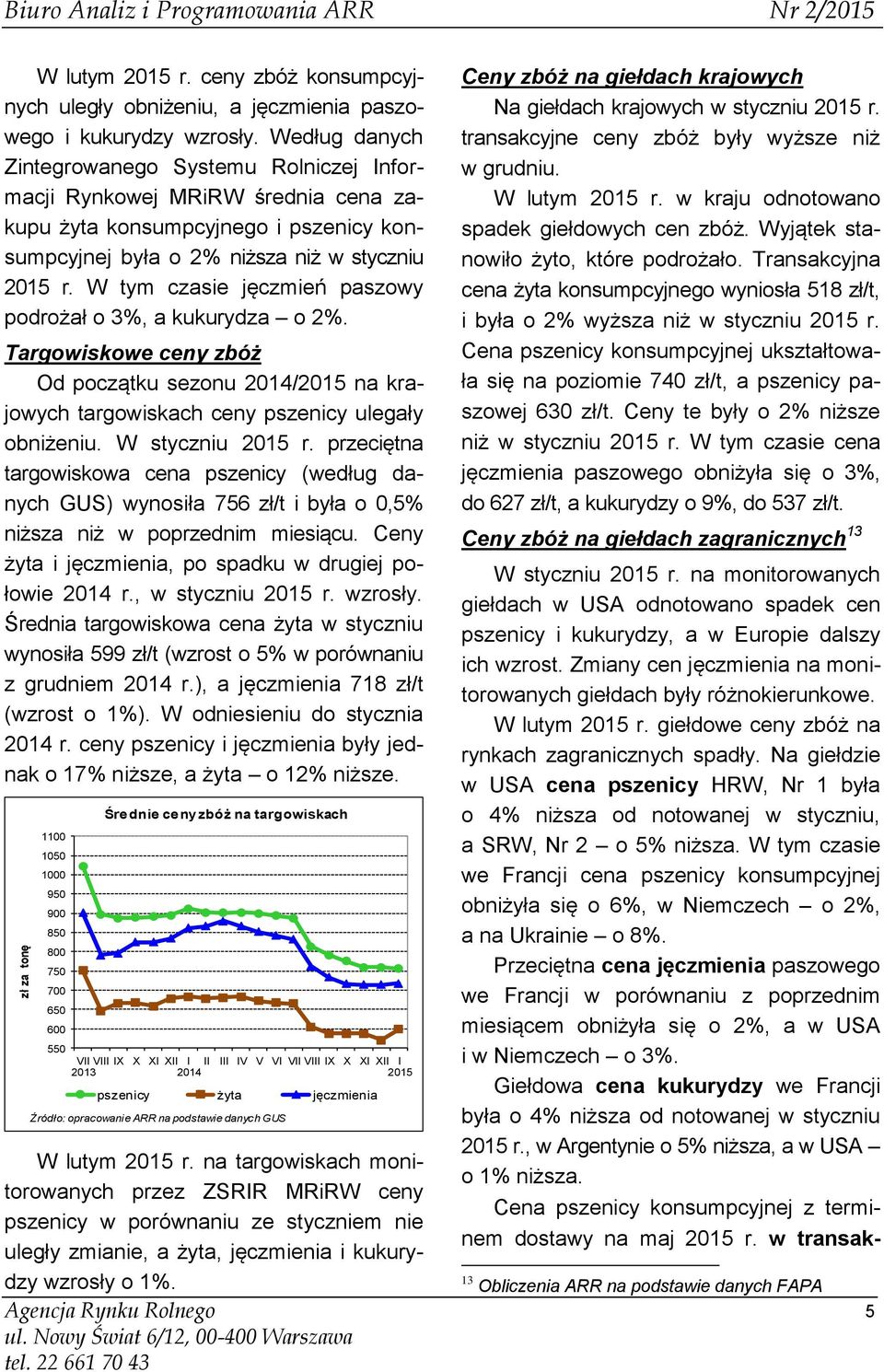 W tym czasie jęczmień paszowy podrożał o 3%, a kukurydza o 2%. Targowiskowe ceny zbóż Od początku sezonu 2014/2015 na krajowych targowiskach ceny pszenicy ulegały obniżeniu. W styczniu 2015 r.