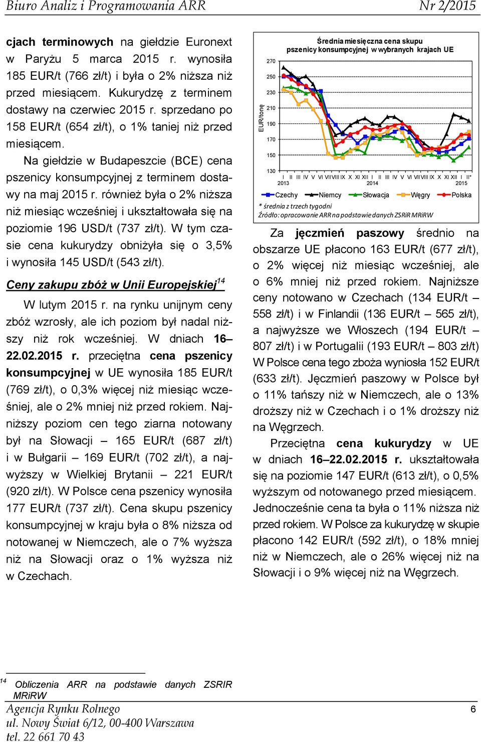 Na giełdzie w Budapeszcie (BCE) cena pszenicy konsumpcyjnej z terminem dostawy na maj 2015 r. również była o 2% niższa niż miesiąc wcześniej i ukształtowała się na poziomie 196 USD/t (737 zł/t).