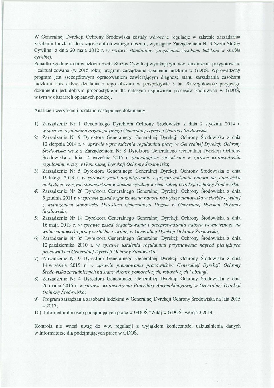 zarz ądzenia przygotowano i zaktualizowano (w 2015 roku) program zarz ądzania zasobami ludzkimi w GDO Ś.