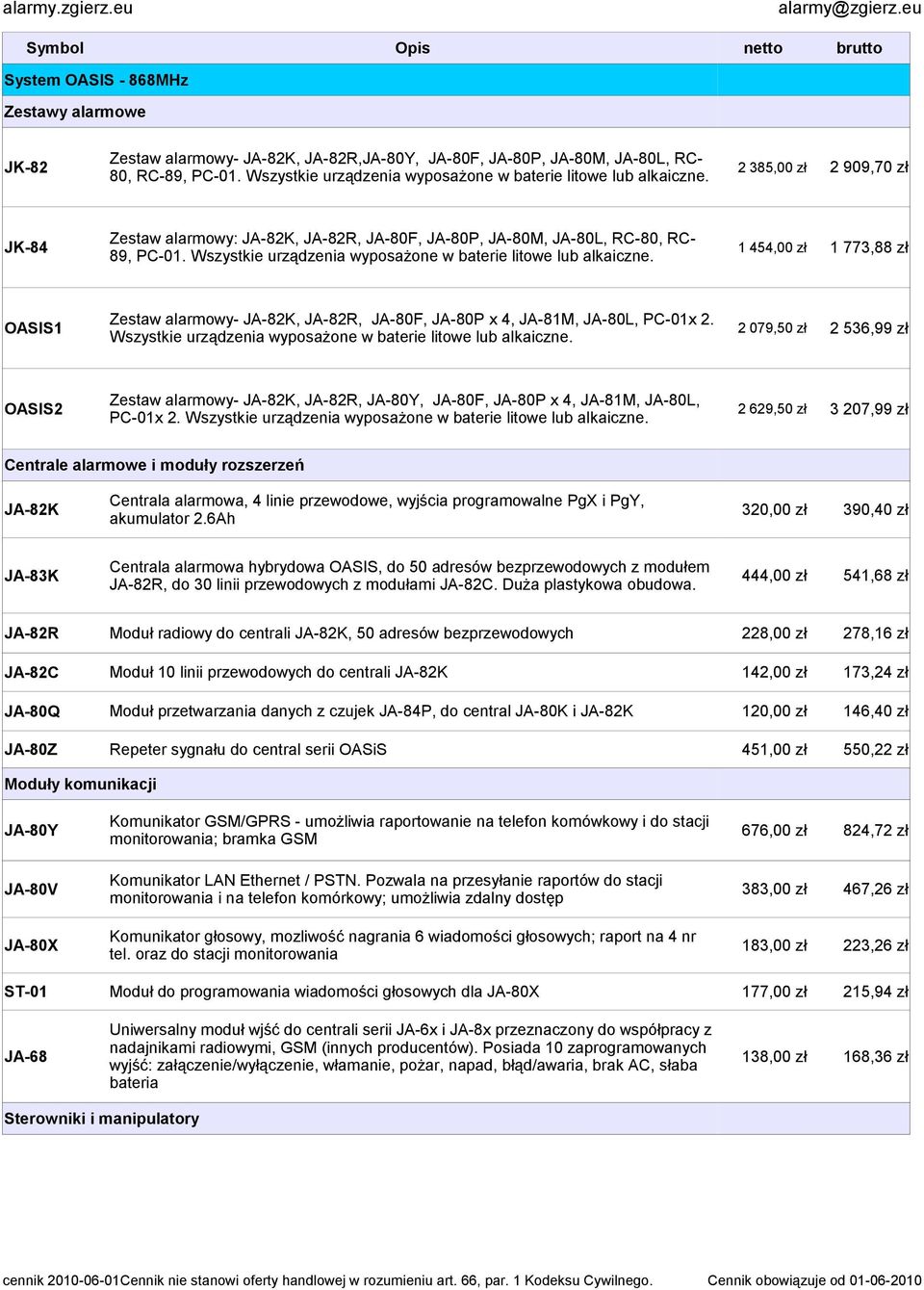Wszystkie urządzenia wyposażone w baterie litowe lub alkaiczne. 1 454,00 zł 1 773,88 zł OASIS1 Zestaw alarmowy- JA-82K, JA-82R, JA-80F, JA-80P x 4, JA-81M, JA-80L, PC-01x 2.