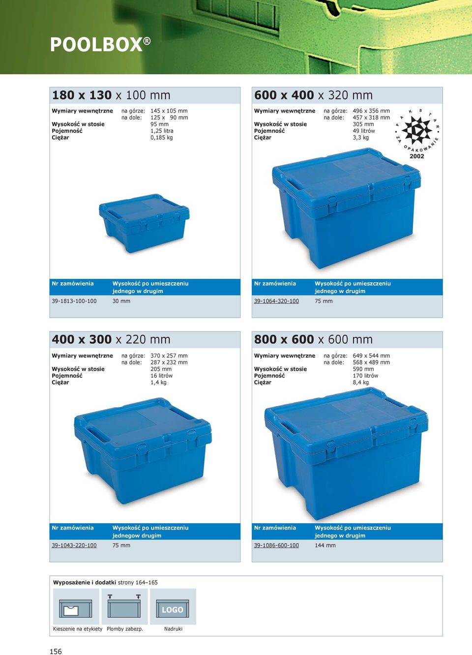 x 220 mm Wymiary wewnętrzne na górze: 370 x 257 mm na dole: 287 x 232 mm Wysokość w stosie 205 mm 16 litrów 1,4 kg 800 x 600 x 600 mm Wymiary wewnętrzne na górze: 649 x 544 mm na dole: 568 x 489 mm