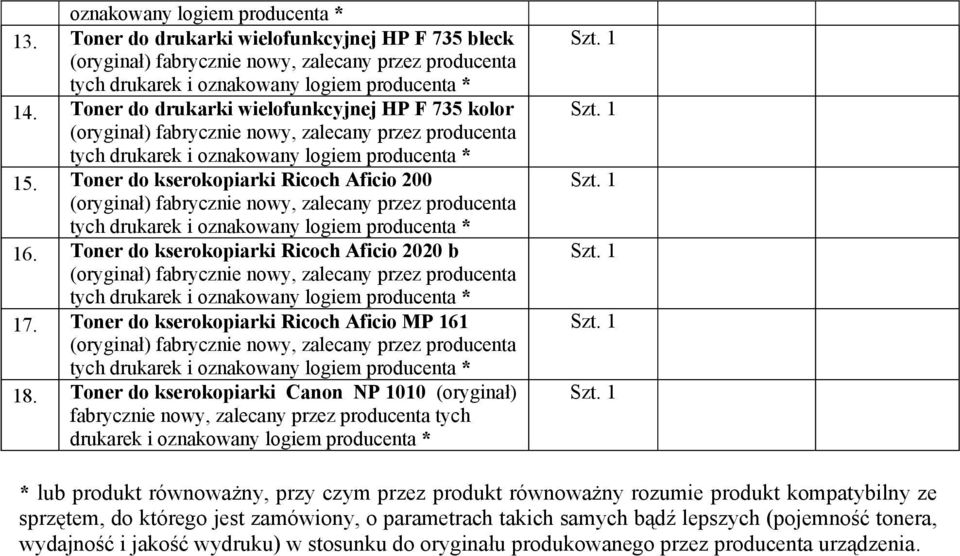 Toner do kserokopiarki Canon NP 1010 (oryginał) * lub produkt równoważny, przy czym przez produkt równoważny rozumie produkt kompatybilny ze sprzętem, do