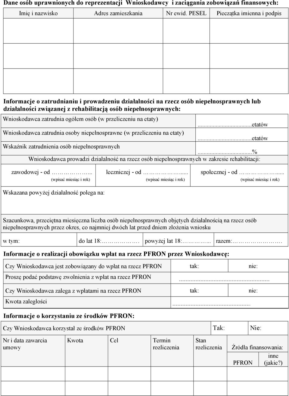 zatrudnia ogółem osób (w przeliczeniu na etaty)...etatów Wnioskodawca zatrudnia osoby niepełnosprawne (w przeliczeniu na etaty)...etatów Wskaźnik zatrudnienia osób niepełnosprawnych.