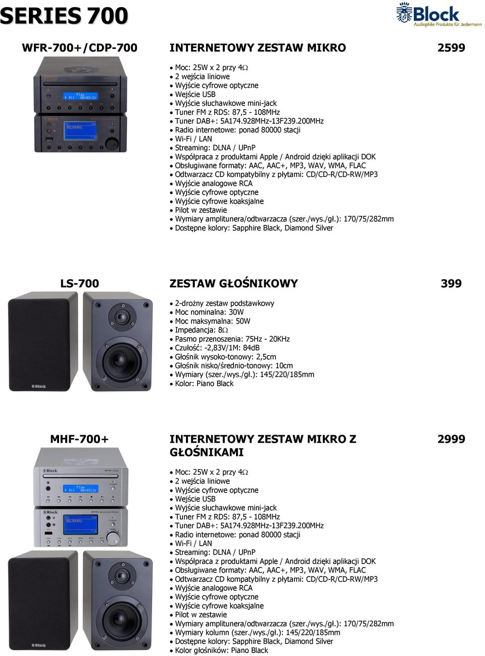 ): 170/75/282mm Dostępne kolory: Sapphire Black, Diamond Silver 2599 LS-700 ZESTAW GŁOŚNIKOWY 2-drożny zestaw podstawkowy Moc nominalna: 30W Moc maksymalna: 50W Impedancja: 8 Pasmo przenoszenia: 75Hz