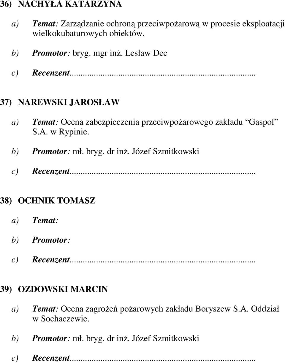 Lesław Dec 37) NAREWSKI JAROSŁAW a) Temat: Ocena zabezpieczenia przeciwpoŝarowego zakładu Gaspol S.A. w Rypinie.