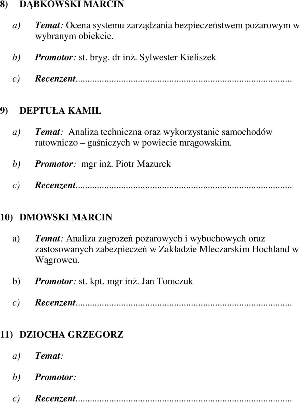.. 9) DEPTUŁA KAMIL a) Temat: Analiza techniczna oraz wykorzystanie samochodów ratowniczo gaśniczych w powiecie mrągowskim.