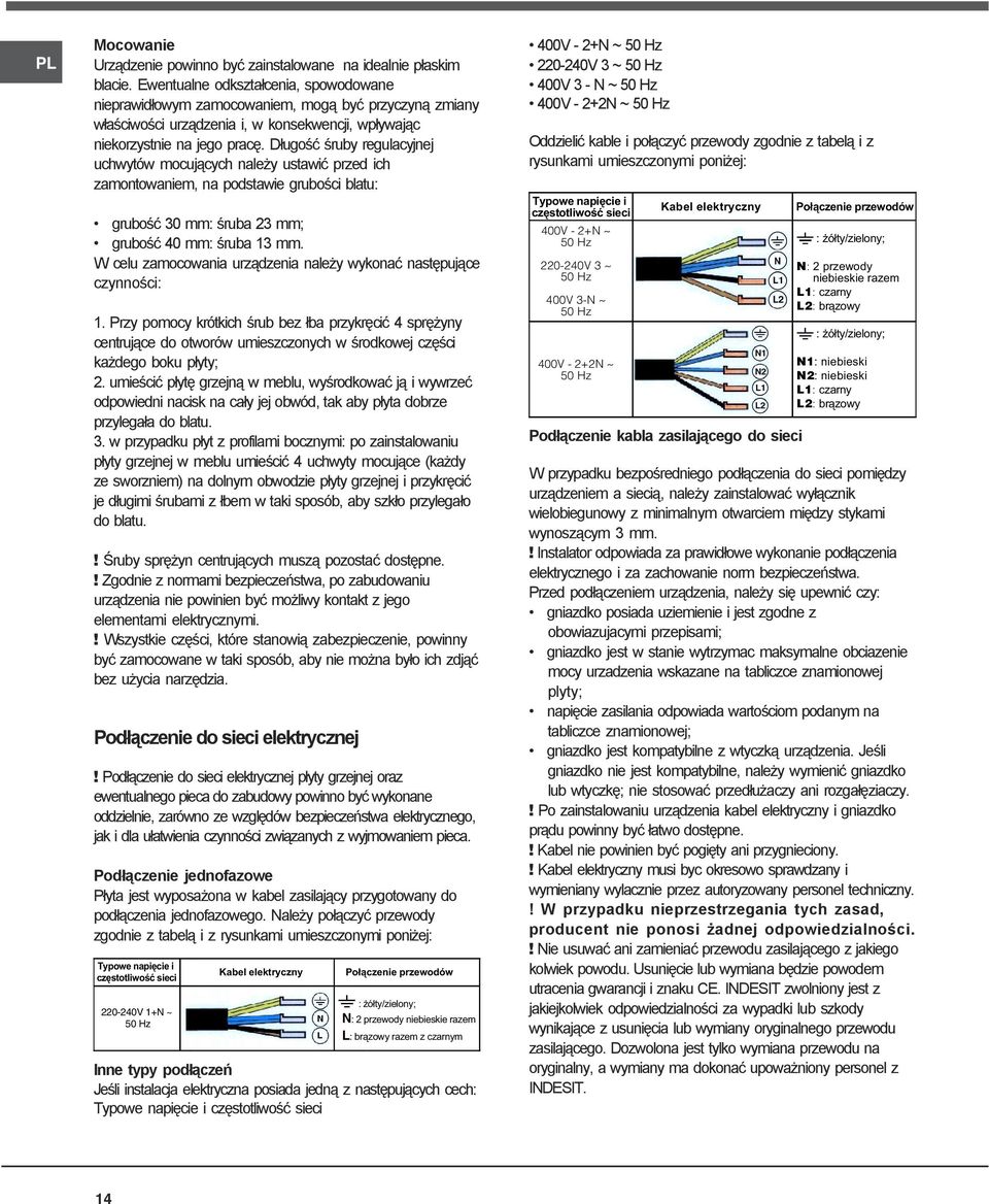 Długość śruby regulacyjnej uchwytów mocujących należy ustawić przed ich zamontowaniem, na podstawie grubości blatu: grubość 30 mm: śruba 23 mm; grubość 40 mm: śruba 13 mm.