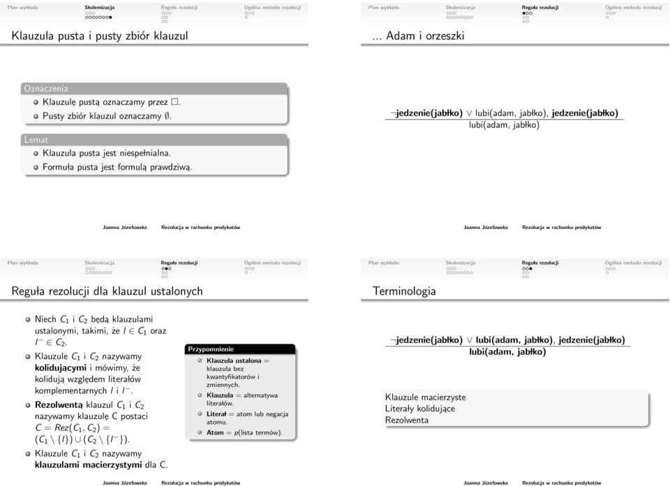 jedzenie(jab lko) lubi(adam, jab lko), jedzenie(jab lko) lubi(adam, jab lko) Regu la rezolucji dla klauzul ustalonych Terminologia Niech C 1 i C 2 bed a klauzulami ustalonymi, takimi, że l C 1 oraz l