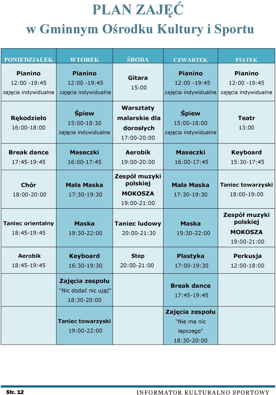 zajęcia indywidualne Teatr 13:00 Break dance Maseczki Aerobik Maseczki Keyboard 17:45-19:45 16:00-17:45 19:00-20:00 16:00-17:45 15:30-17:45 Chór 18:00-20:00 Mała Maska 17:30-19:30 Zespół muzyki
