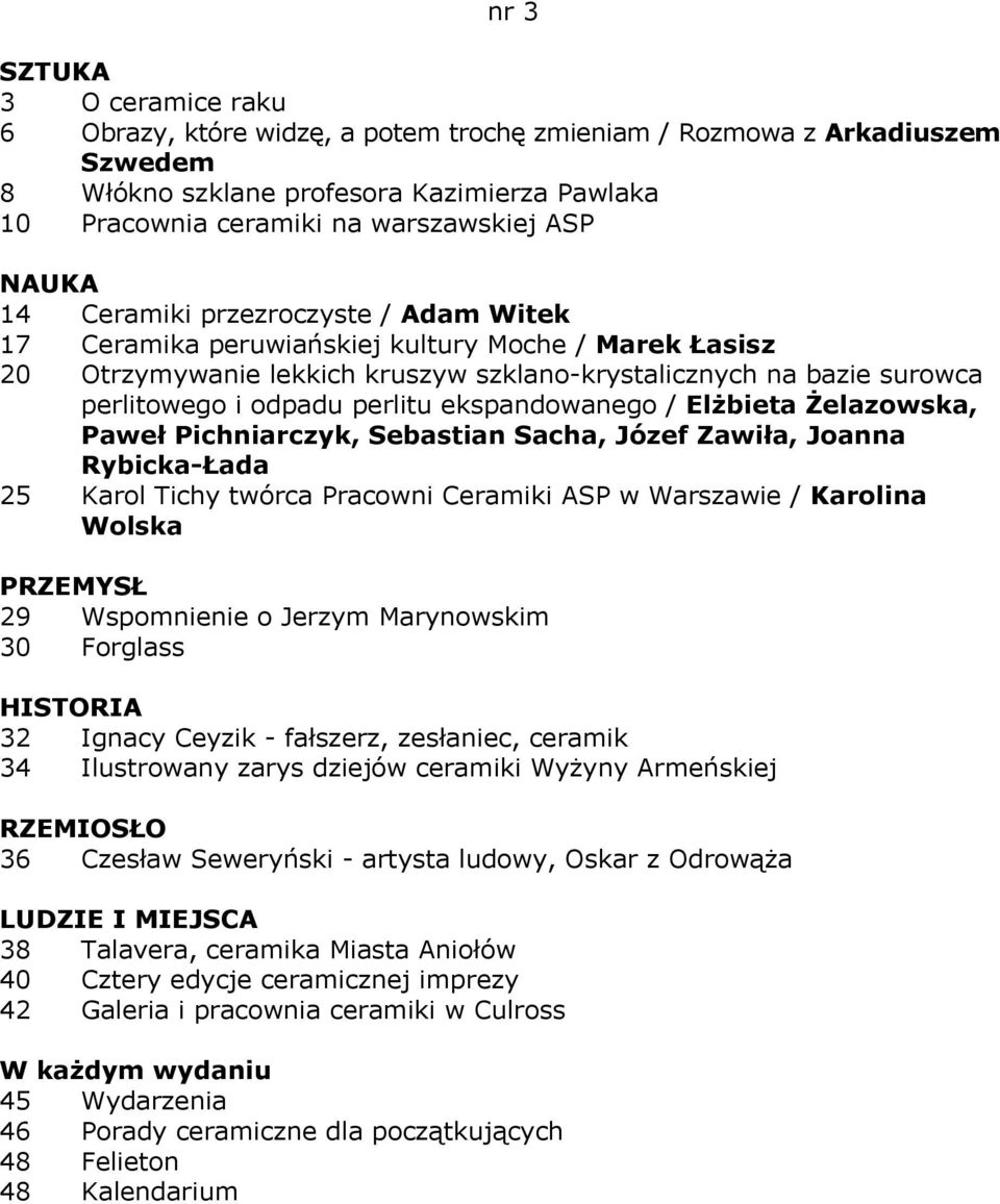 ekspandowanego / Elżbieta Żelazowska, Paweł Pichniarczyk, Sebastian Sacha, Józef Zawiła, Joanna Rybicka-Łada 25 Karol Tichy twórca Pracowni Ceramiki ASP w Warszawie / Karolina Wolska 29 Wspomnienie o