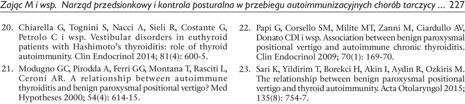 Modugno GC, Pirodda A, Ferri GG, Montana T, Rasciti L, Ceroni AR. A relationship between autoimmune thyroiditis and benign paroxysmal positional vertigo? Med Hypotheses 2000; 54(4): 614-15. 22.