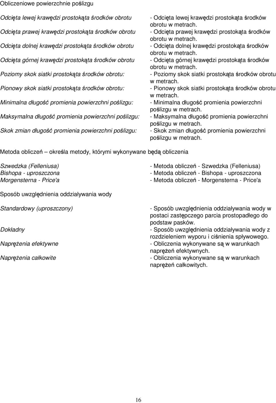 poślzgu: Skok zman długość promena powerzchn poślzgu: -Odcęta lewej krawędz prostokąta środków obrotu w metrach. -Odcęta prawej krawędz prostokąta środków obrotu w metrach.