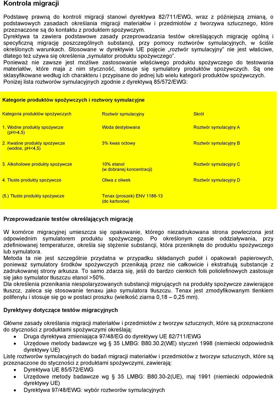 Dyrektywa ta zawiera podstawowe zasady przeprowadzania testów okre$laj#cych migracj' ogóln# i specyficzn# migracj' poszczególnych substancjia przy pomocy roztworów symulacyjnycha w $ci$le okre$lonych