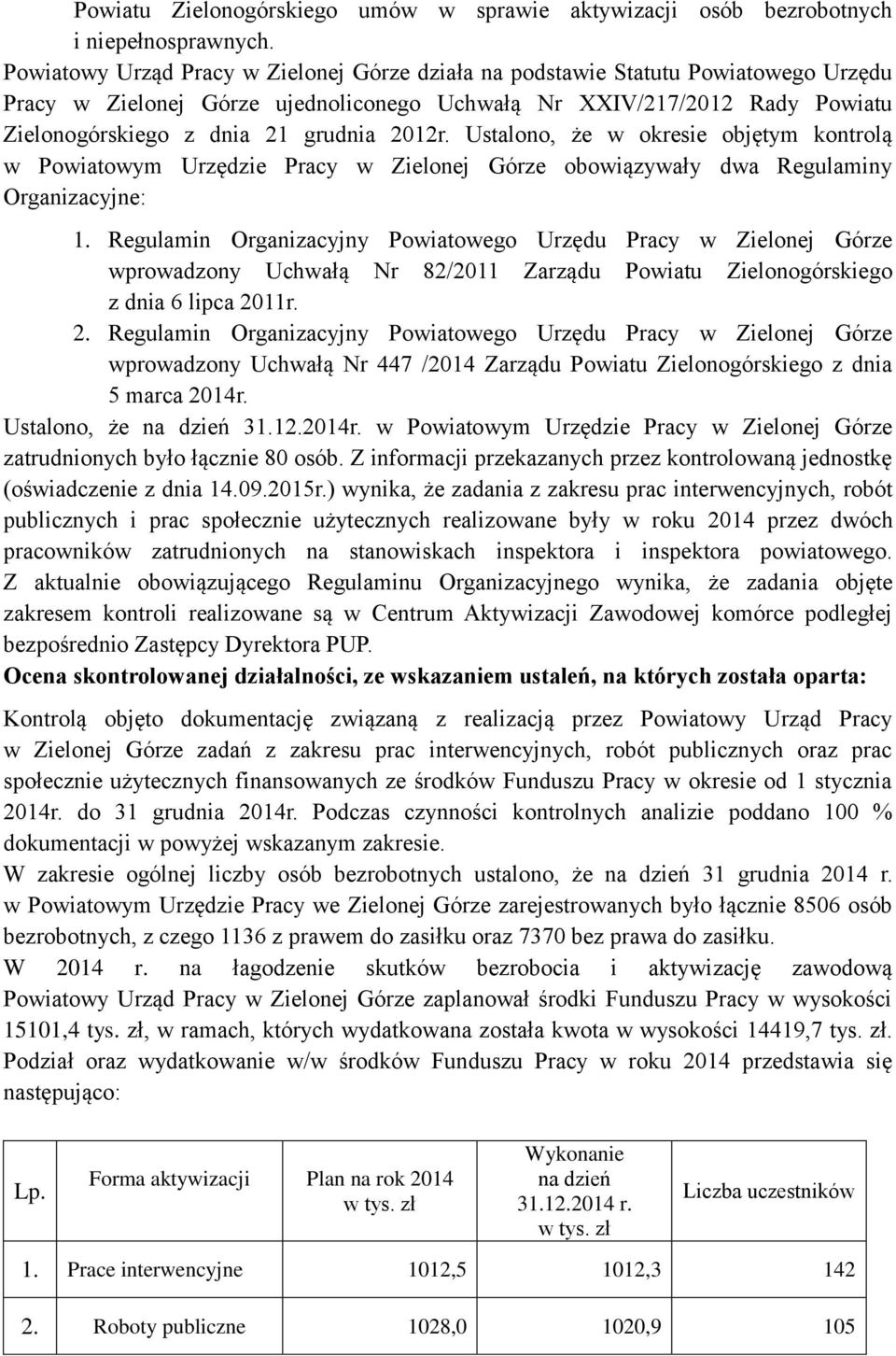 2012r. Ustalono, że w okresie objętym kontrolą w Powiatowym Urzędzie Pracy w Zielonej Górze obowiązywały dwa Regulaminy Organizacyjne: 1.