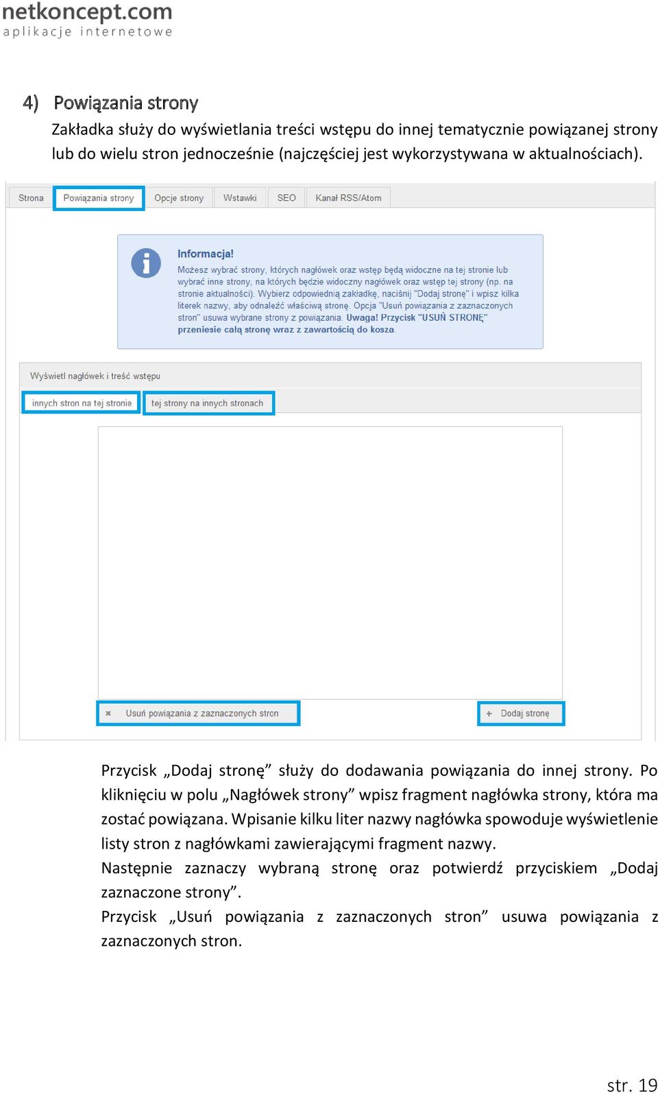 Po kliknięciu w polu Nagłówek strony wpisz fragment nagłówka strony, która ma zostać powiązana.