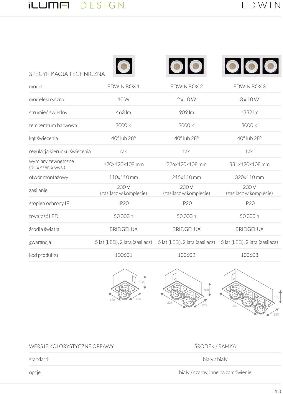 mm 215x110 mm 320x110 mm zasilanie 230 V (zasilacz w komplecie) 230 V (zasilacz w komplecie) 230 V (zasilacz w komplecie) stopień ochrony IP IP20 IP20 IP20 trwałość LED 50 000 h 50 000 h 50 000 h