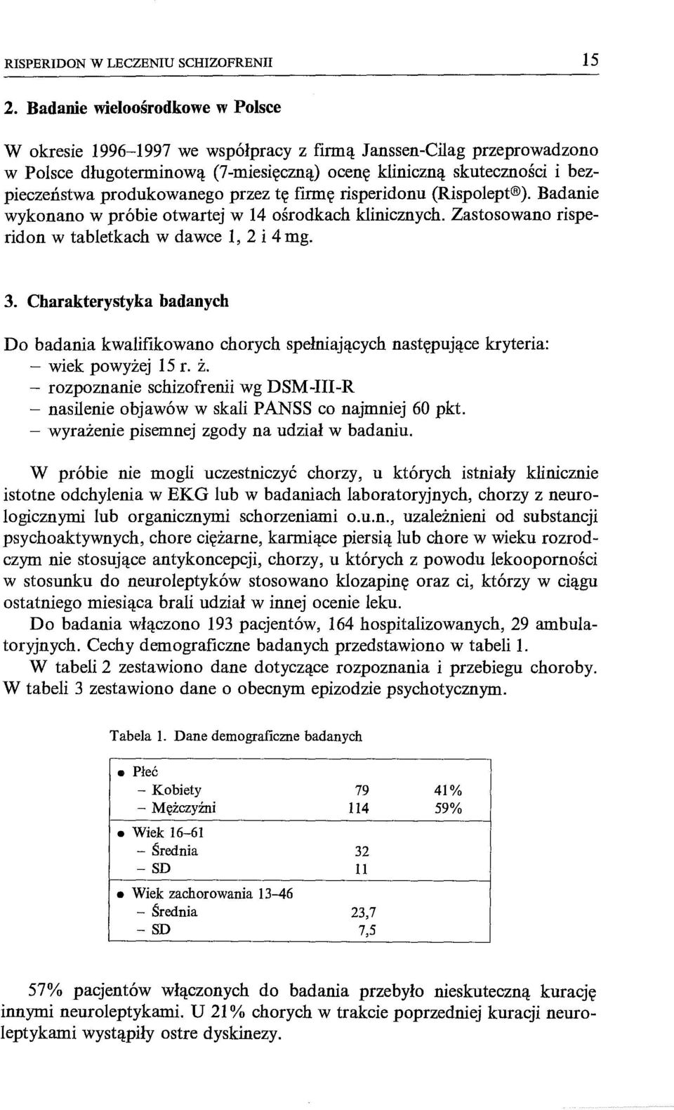 produkowanego przez tę firmę risperidonu (Rispolept ). Badanie wykonano w próbie otwartej w 14 ośrodkach klinicznych. Zastosowano risperidon w tabletkach w dawce 1, 2 i 4 mg. 3.