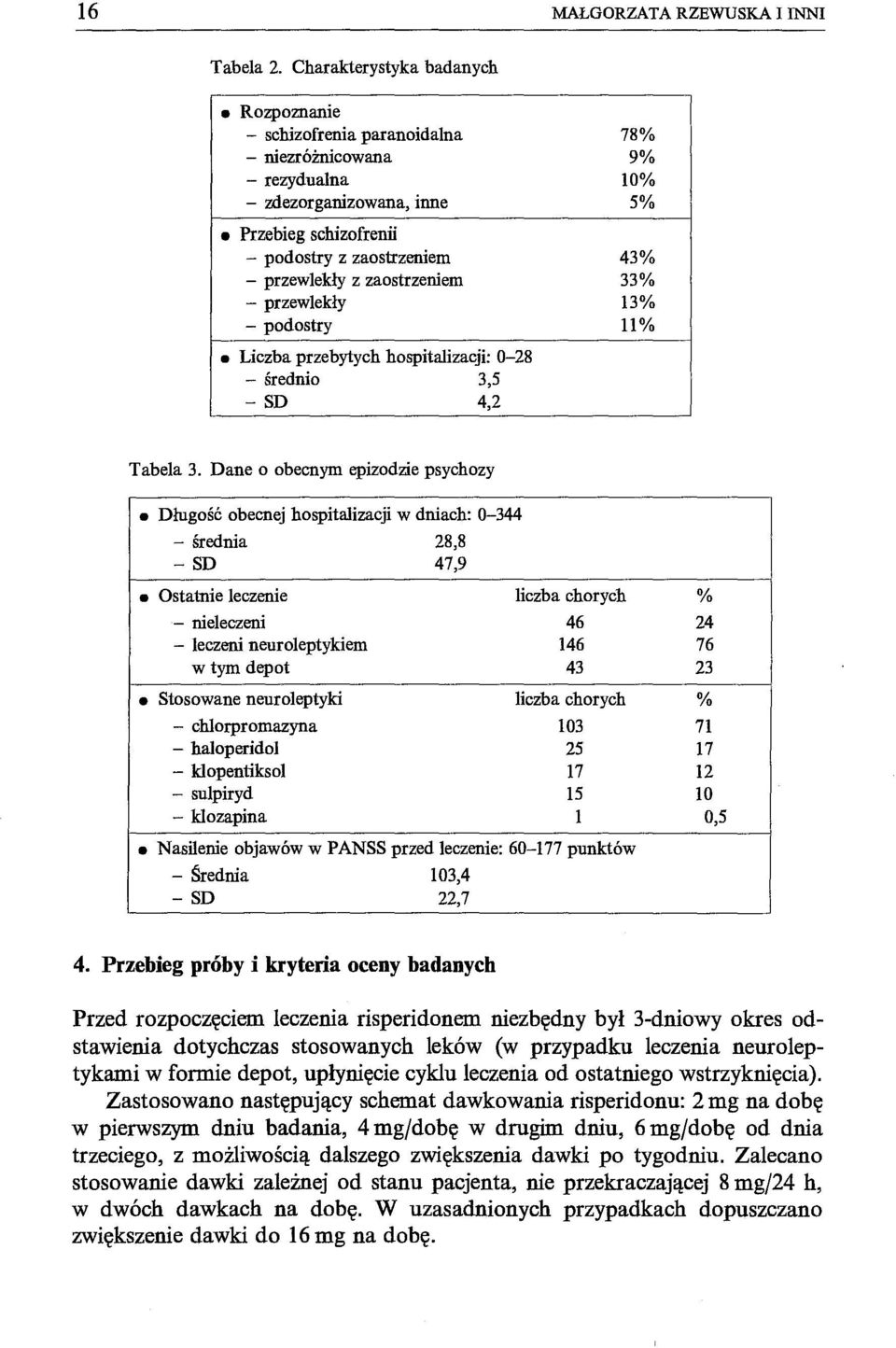 z zaostrzeniem 33% - przewlekły 13% - podostry 11% Liczba przebytych hospitalizacji: 0-28 - średnio 3,5 - SD 4,2 Tabela 3.