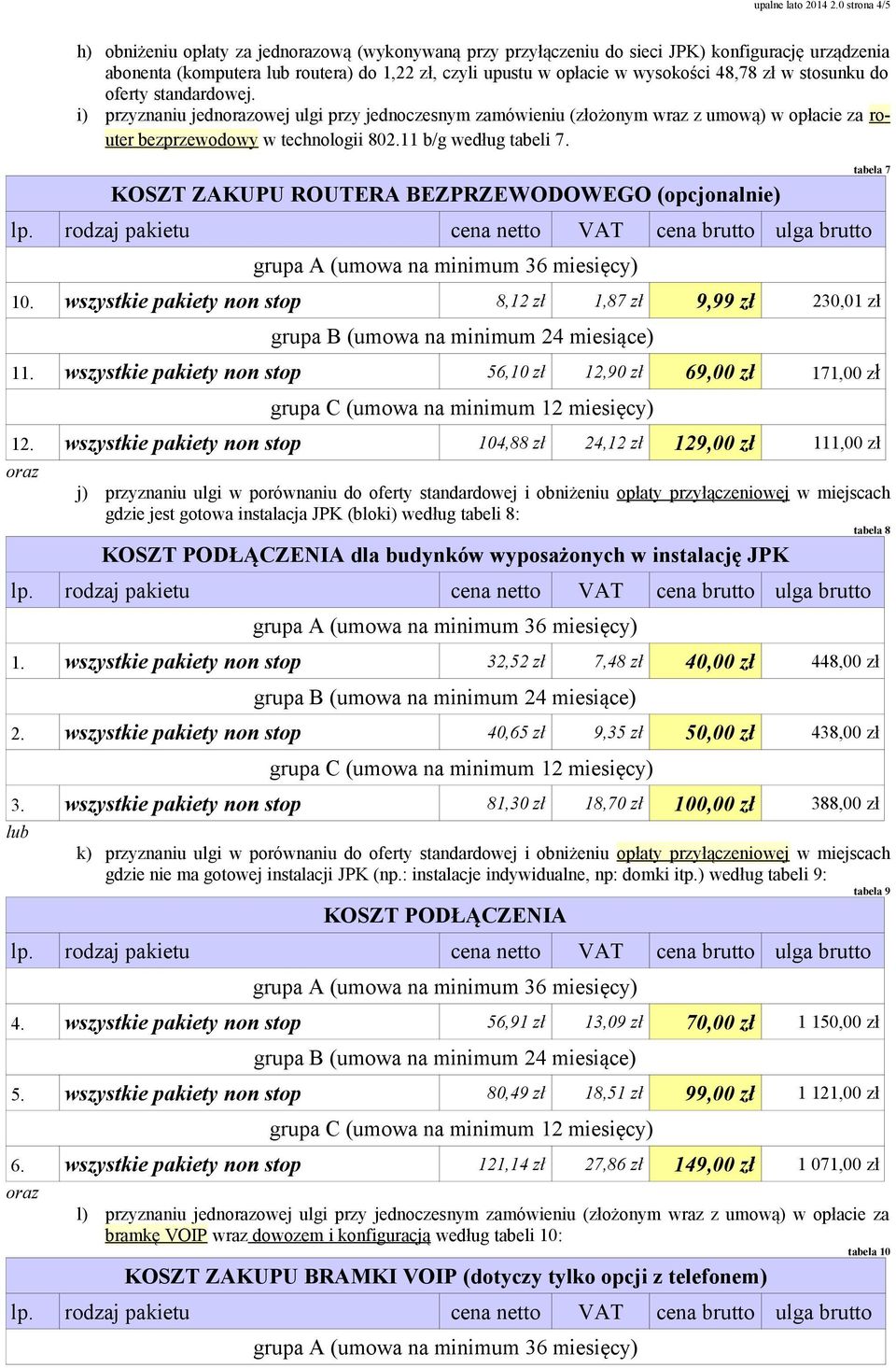 do oferty standardowej. ) przyznanu jednowej ulg przy jednoczesnym zamówenu (złożonym wraz z umową) w opłace za router bezprzewodowy w technolog 802.11 b/g według tabel 7.