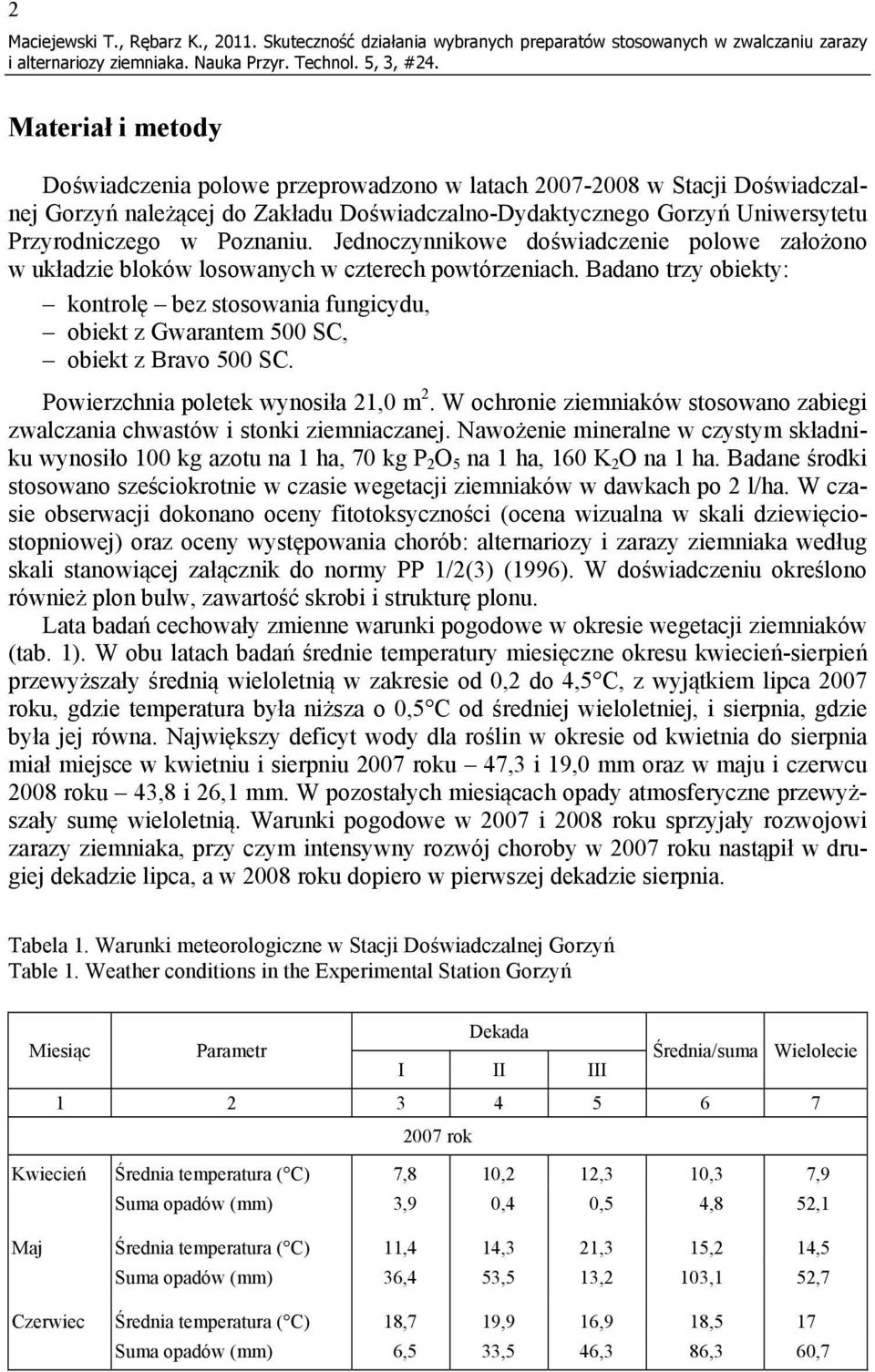 Doświadczalno-Dydaktycznego Gorzyń Uniwersytetu Przyrodniczego w Poznaniu. Jednoczynnikowe doświadczenie polowe założono w układzie bloków losowanych w czterech powtórzeniach.