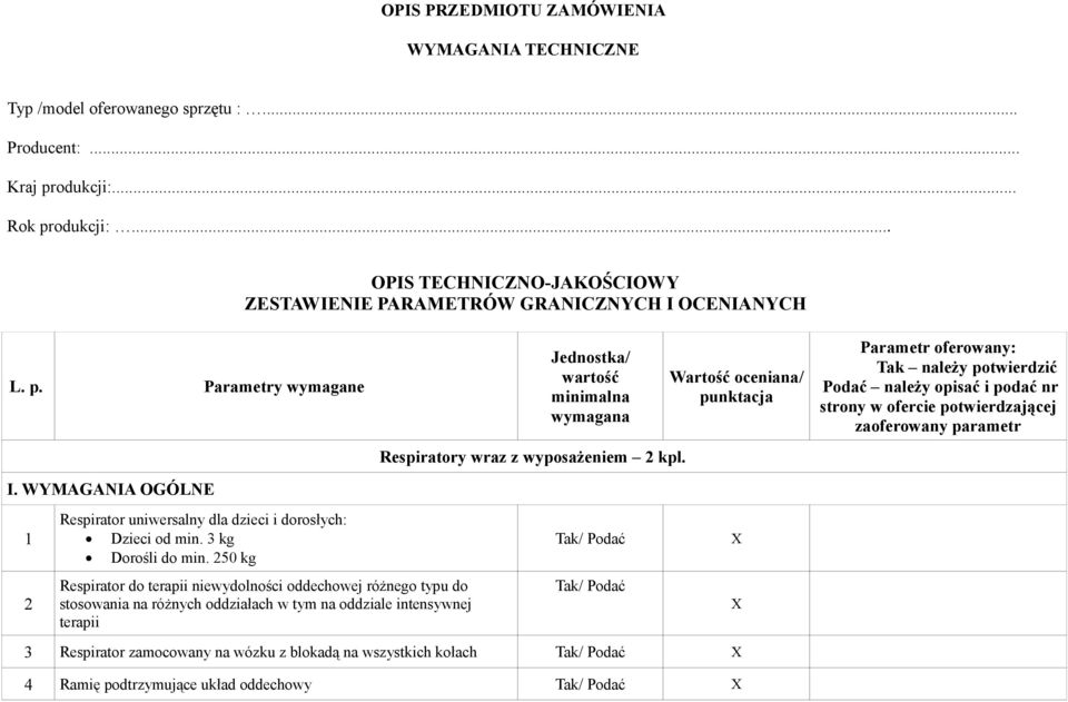 Wartość oceniana/ punktacja Parametr oferowany: Tak należy potwierdzić Podać należy opisać i podać nr strony w ofercie potwierdzającej zaoferowany parametr Respirator uniwersalny dla dzieci i