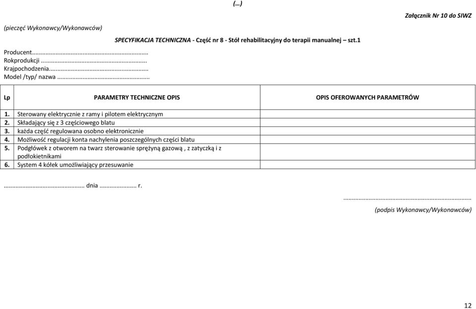 1 Załącznik Nr 10 do SIWZ Lp PARAMETRY TECHNICZNE OPIS OPIS OFEROWANYCH PARAMETRÓW 1. Sterowany elektrycznie z ramy i pilotem elektrycznym 2.