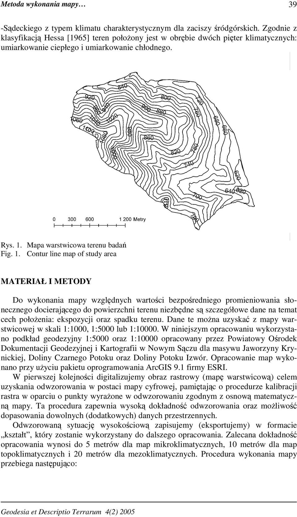 Mapa warstwicowa terenu badań Fig. 1.