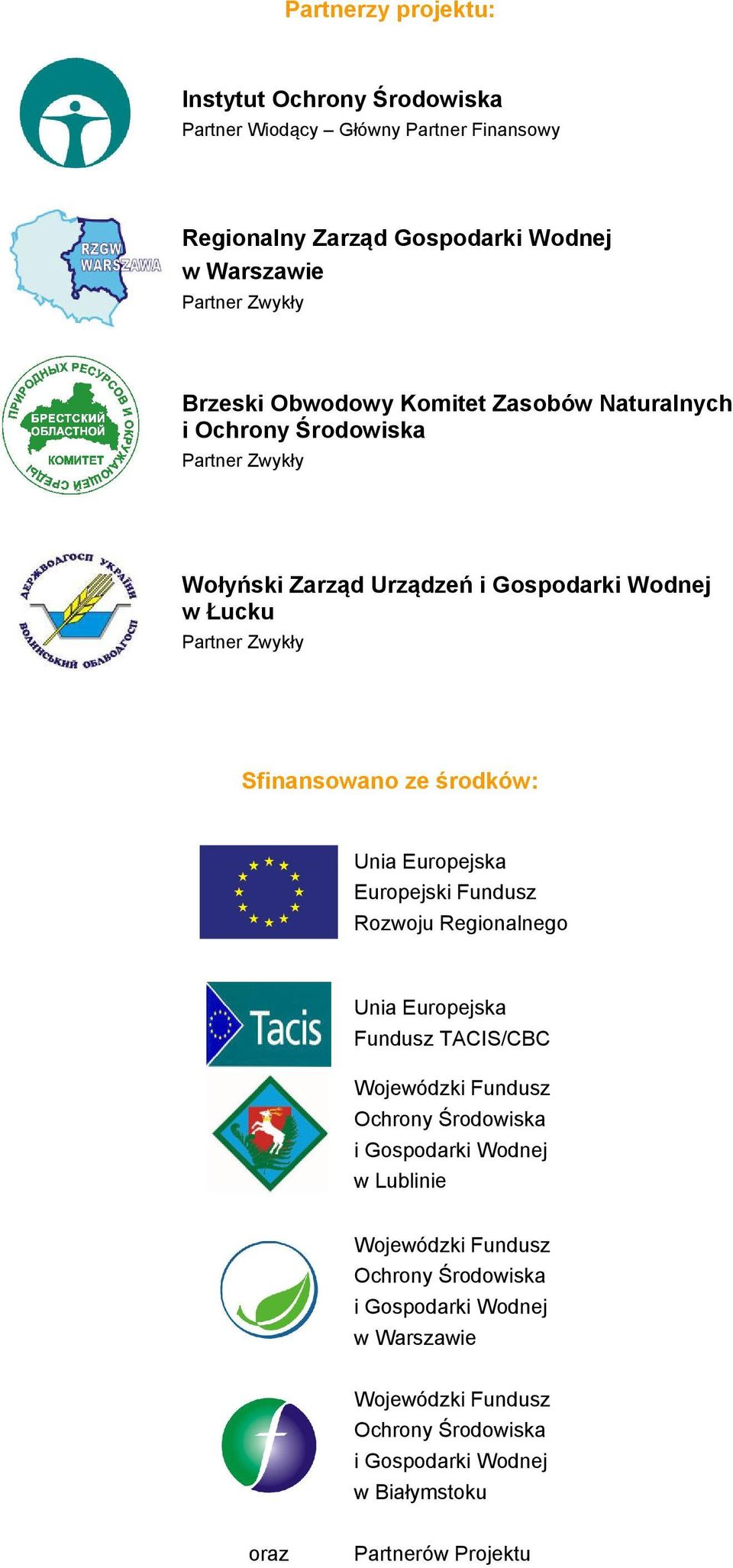 środków: Unia Europejska Europejski Fundusz Rozwoju Regionalnego Unia Europejska Fundusz TACIS/CBC Wojewódzki Fundusz Ochrony Środowiska i Gospodarki Wodnej w