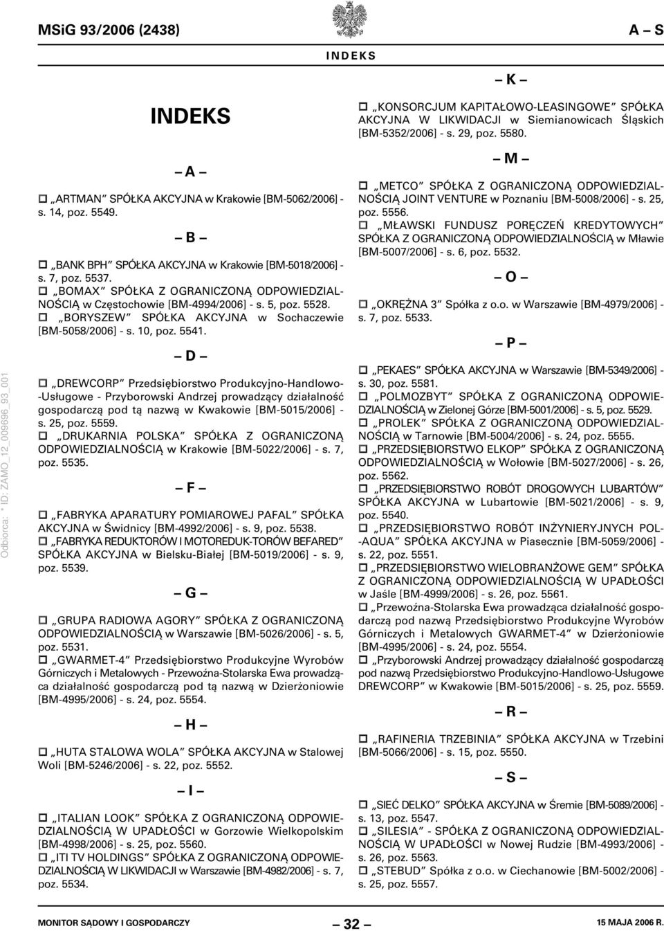 BOMAX SPÓŁKA Z OGRANICZONĄ ODPOWIEDZIAL- NOŚCIĄ w Częstochowie [BM-4994/2006] - s. 5, poz. 5528. BORYSZEW SPÓŁKA AKCYJNA w Sochaczewie [BM-5058/2006] - s. 10, poz. 5541.