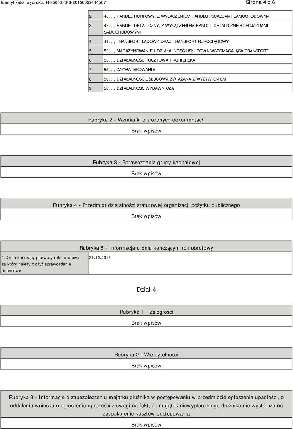 58,,, DZIAŁALNOŚĆ WYDAWNICZA Rubryka 2 - Wzmianki o złożonych dokumentach Rubryka 3 - Sprawozdania grupy kapitałowej Rubryka 4 - Przedmiot działalności statutowej organizacji pożytku publicznego