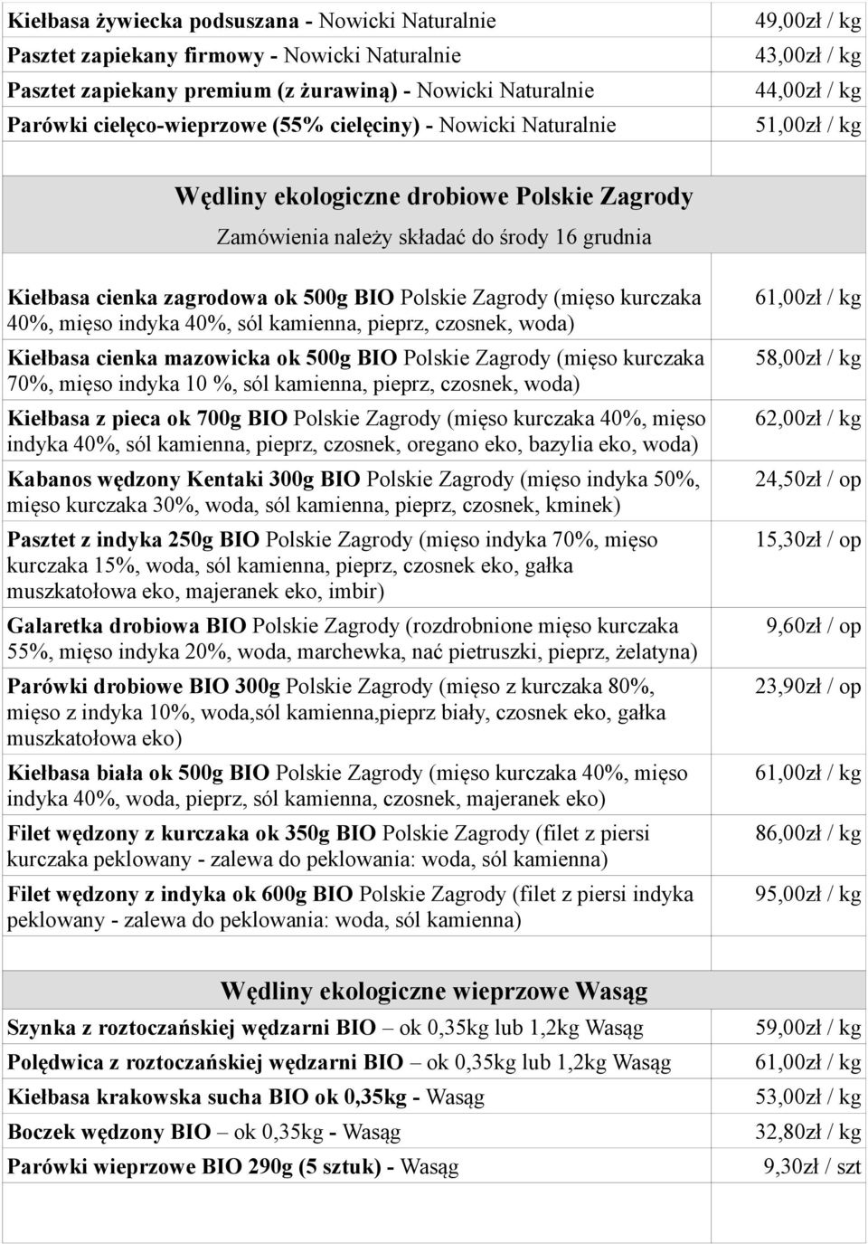 sól kamienna, pieprz, czosnek, woda) Kiełbasa cienka mazowicka ok 500g BIO Polskie Zagrody (mięso kurczaka 70%, mięso indyka 10 %, sól kamienna, pieprz, czosnek, woda) Kiełbasa z pieca ok 700g BIO