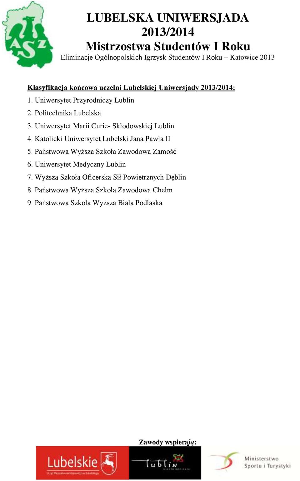 Katolicki Uniwersytet Lubelski Jana Pawła II 5. Państwowa Wyższa Szkoła Zawodowa Zamość 6.