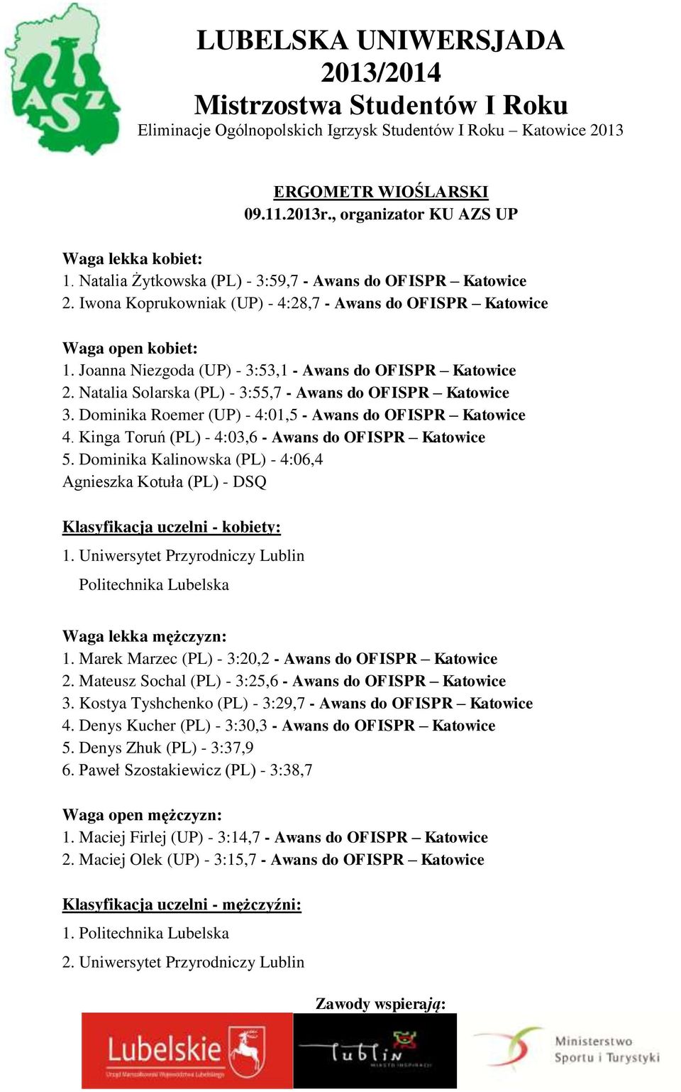 Natalia Solarska (PL) - 3:55,7 - Awans do OFISPR Katowice 3. Dominika Roemer (UP) - 4:01,5 - Awans do OFISPR Katowice 4. Kinga Toruń (PL) - 4:03,6 - Awans do OFISPR Katowice 5.