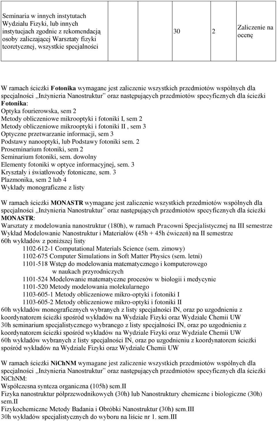 2 Metody obliczeniowe mikrooptyki i fotoniki I, sem 2 Metody obliczeniowe mikrooptyki i fotoniki II, sem 3 Optyczne przetwarzanie informacji, sem 3 Podstawy nanooptyki, lub Podstawy fotoniki sem.