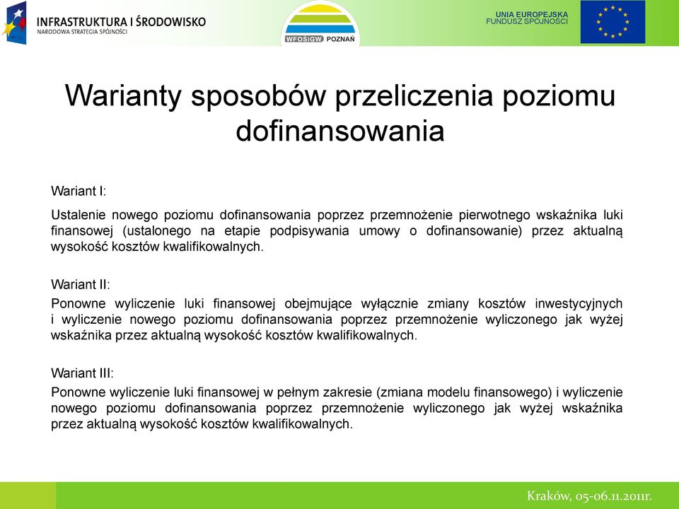 Wariant II: Ponowne wyliczenie luki finansowej obejmujące wyłącznie zmiany kosztów inwestycyjnych i wyliczenie nowego poziomu dofinansowania poprzez przemnożenie wyliczonego jak wyżej wskaźnika przez